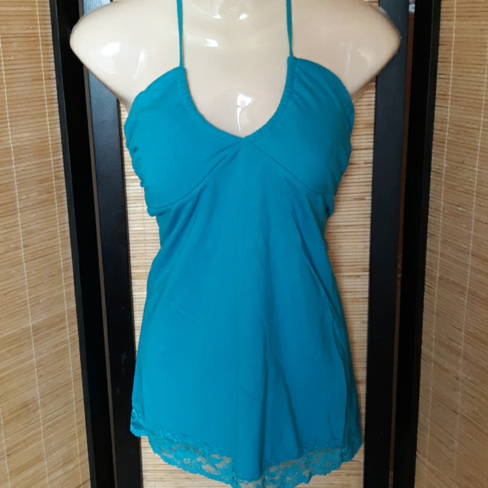 ♦️ Vintage EYESHADOW lace trim halter Y2K camisole EUC Sz S turquoise